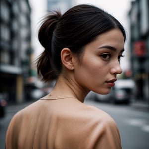 32k resolution, hyper realism, high quiality, close up of a beautiful woman, Tokyo street, lace leather jacket, messy brunette ponytail, sharp focus, photorealism,photorealistic,,,<lora:659111690174031528:1.0>