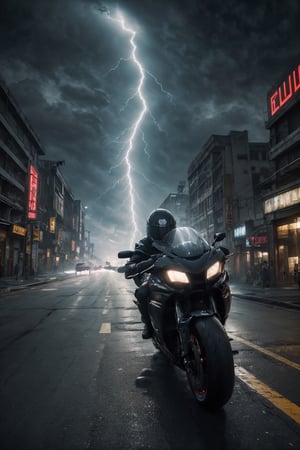 best quality, masterpiece, Extreme fast super bike, low angle view, fast, high speed, high detailed, 16k, while driving, lightning, electrical, technical, a heart-pounding motorcycle chase. adrenaline-fuelled, dynamic angles and intense lighting. (((parallax motion blur))), ((ultra-detailed details))) high-speed excitement, dutch angle view from in front, ultra hd, realistic, vivid colors, highly detailed, UHD drawing, perfect composition, ultra hd, 8k, he has an inner glow, stunning, something that even doesn't exist, mythical being, energy, molecular, textures, iridescent and luminescent scales, breathtaking beauty, pure perfection, divine presence, unforgettable, impressive, breathtaking beauty, Volumetric light, auras, rays, vivid colors reflects.,Cyberpunk,photorealistic