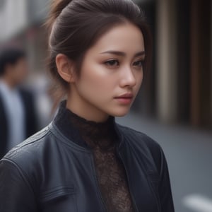 32k resolution, hyper realism, high quiality, close up of a beautiful woman, Tokyo street, lace leather jacket, messy brunette ponytail, sharp focus, photorealism,photorealistic,,,<lora:659095807385103906:1.0>