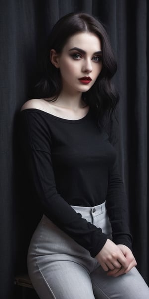 Handsome, Stunning, Young, Goth, Girl, Tall, Wide eyes, Emotional, Depressed, Full lips, Fit slender body, Pale skin. Long black curtain kinky bob-cut fluffy wavy hair. Wears, Loose black long T-shirt long sleeve, Gray pants, Sitting in dark creepy dark room pictures on wall, Nighttime. Realistic, Sharp focus,