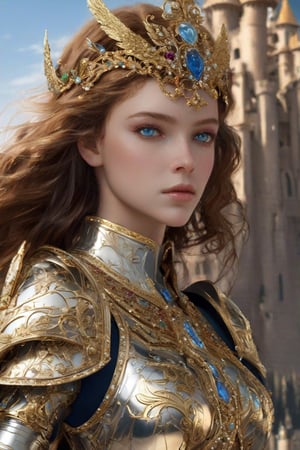 Masterpiece, highly detailed, realistic, A beautiful girl battle angel in polished solid gold armour with barouque engraving with a diamonds and precious stones. She has a broadsword. She has two large white feathered wings and long flowing auburn hair and an intricate gold crown encrusted with diamonds sapphires rubies and emeralds. She has beautiful blue eyes.  Beautiful Face, Detailed face, lovely, photorealistic, photograph, castle in background 