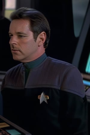  ds9st uniform, Young officer, on the bridge of the enterprise 1701-d, crew in background ,photorealistic