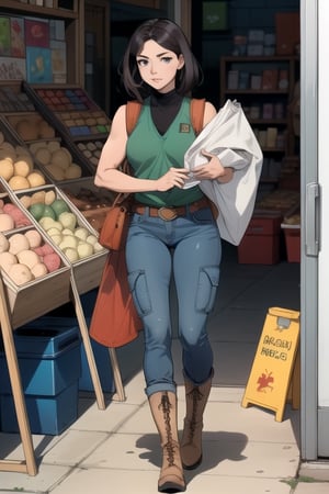 
Blend of comic book art and lineart in full natural colors. A full body portrait shot of an attractive Euopean woman in her late 20s, with an athletic build and shoulder-length dark hair, beautiful face, wearing a green cargo vest and kakhi jeans with a sturdy boots, carrying a satchel, Arabian market in the background 