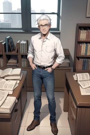 
Blend of comic book art and lineart in full natural colors. A full body portrait shot of an attractive Euopean professor in his early 60s, with a normal build and white hair, friendly face, wearing jeans and a shirt and a west.wearing glasses. Standing in his office looking out of the window. The desk behind him are full of books and notes and old maps.