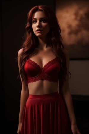 photo, dramatic lighting, woman in long red skirt, medium hair, detailed face, detailed nose, soft smile, realism, realistic, raw, photorealistic, red lingerie top, black_background, black_clothes,black high collar shirt,