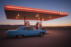 cinematic shot, epic route 66 abandoned gas station scene, blue hour, wide angle, shallow depth of field, nude woman in a 70's car, symmetrical, kodachrome, ultra detailed