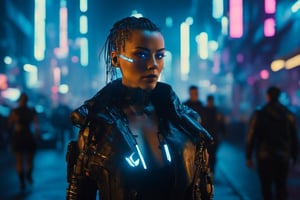 night city, female cyberpunk walking on a street towards the camera, camera lights the subject, facing the camera, subject illuminated by a light beam from above, perfect face, perfect eyes, perfect body, cyberpunk style, high contrast, neutral color shades, brighter lights, buildings, drones, cars, cyborg style, Movie Still