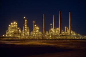 cinematic shot, epic refinery scene, night, wide angle, shallow depth of field, symmetrical, kodachrome