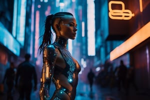 female cyberpunk walking, strong light in her face, facing the camera, translucent bodysuit, perfect face, perfect eyes, perfect body, cyberpunk style, high contrast, neutral color shades, brighter lights, buildings, drones, cars, cyborg style, Movie Still