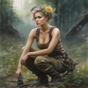 (Highest Quality, 4k, masterpiece, Amazing Details:1.1), nude. kneeling, (forrest|fantasy), ((((post apocalyptic mechanic woman)))), thin eyebrows, wavy short hair with flower hair ornament, ((aquarell:1.2)), (full body)