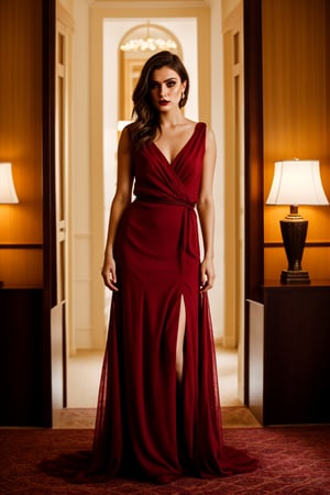 beautiful woman in a long red dress, dark makeup, hyperdetailed photography, soft light, full body shot, editorial, fashion, hyperrealistic, fancy hotel room
