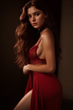 photo, dramatic lighting, woman in long red skirt, medium hair, detailed face, detailed nose, soft smile, realism, realistic, raw, photorealistic, red lingerie top, black_background, black_clothes,black high collar shirt,
