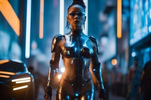 female cyberpunk walking, strong light in her face, facing the camera, translucent bodysuit, perfect face, perfect eyes, perfect body, nice boobs, cyberpunk style, high contrast, neutral color shades, brighter lights, buildings, drones, cars, cyborg style, Movie Still