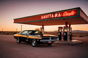 cinematic shot, epic route 66 abandoned gas station scene, sunset, wide angle, shallow depth of field, dodge charger, black,  kodachrome, ultra detailed, black car