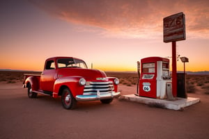 cinematic shot, epic route 66 abandoned gas station scene, Chevrolet 3100 circa 1947, red, sunset, mid wide angle, kodachrome, ultra detailed, black car