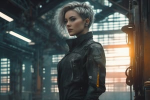 (Highest Quality, 4k, masterpiece, Amazing Details:1.2), standing inside a building, black bodysuit, (building|prypiat), neutral tone colors, ((((cyberpunk mechanic woman)))), thin eyebrows, wavy short hair, ((photo-realistic:1.5)), (full body)