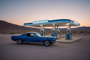 cinematic shot, epic route 66 abandoned gas station scene, blue hour, wide angle, shallow depth of field, nude woman in a black mustang, symmetrical, kodachrome, ultra detailed