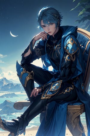  boy , archer hunter, sitting on moon, (blue hair:1.4),alhaitham\(genshin impact\), futuristic armor