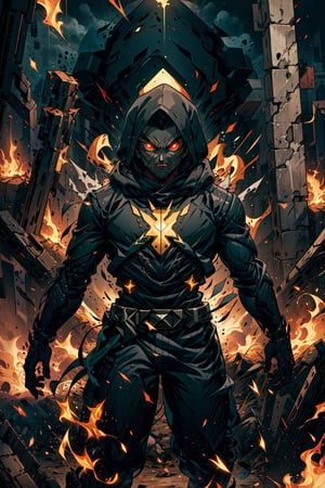 android 17,Create an image of a mechanized warlock in a dystopian city. The figure is clad in dark robes with a hood, glowing red eyes, and intricate armor that fuses technology and arcane symbols. The environment is dark, lit by the glow of the warlock's armor and the distant city lights. focus on high detail and contrast, with a balance between the fantastical elements and the grounded, realistic textures.,retro,android17