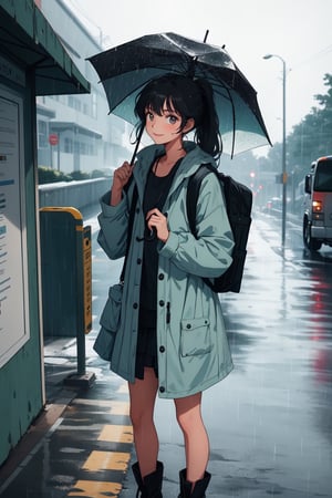 A young girl standing at a bus stop on a rainy day, waiting for the school bus. She is holding an umbrella in one hand and her backpack in the other. She is wearing a raincoat and boots. Her hair is tied back in a ponytail. She is smiling and looking at the road, expectantly. The bus stop is located in a quiet neighborhood, and there are a few other students waiting for the bus as well. The rain is falling steadily, but the girl is not letting it dampen her spirits.