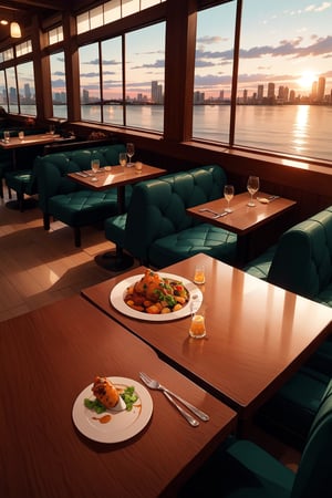 A restaurant on the waterfront at sunset. The restaurant is modern and stylish, with floor-to-ceiling windows that offer stunning views of the water and the city skyline. The tables are set with white linen and crystal glasses, and the air is filled with the delicious aroma of food. The restaurant is bustling with activity, but the atmosphere is relaxed and inviting.