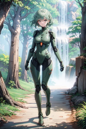 (green gray hair color) Create a whimsical artwork of a girl wearing a fortified suit that incorporates nature-inspired mechanical elements and delicate robot joints. Illustrate her in a magical forest setting, interacting harmoniously with robotic creatures while harnessing the suit's powers.