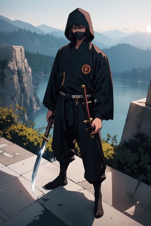 A mysterious and skilled ninja, clad in black from head to toe. Their face is hidden behind a mask, and their eyes are sharp and observant. They are armed with a variety of ninja weapons, including a katana sword, throwing stars, and kunai knives. The ninja is standing on a rooftop, overlooking a bustling cityscape. They are ready to strike at any moment.