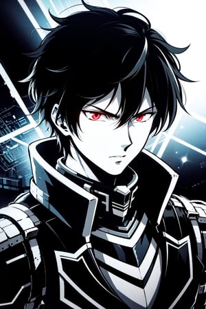 Black hair , confused expression  ,1boy  , glothes, man cosplay , white  aura, red eyes, blue glowing hair,Detailedface, futuristic city