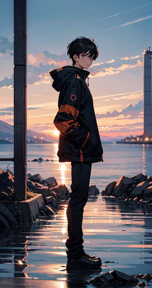 1boy standing on sea, sunset ,city,epic photo