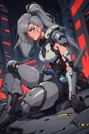 ((90s style)) Create an image of a 1girl  sleek ((GRAY hair)), advanced mechanical joints, designed as a futuristic defender. Show him in a dynamic pose, ready to protect a high-tech cityscape against imminent threats, utilizing his enhanced abilities,90s style,retro,,1990s (style),90s
