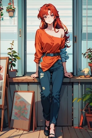 anime girl in orange top shirt , red hair, long shag hair style, and blue jeans sitting front of windows , laying on windows, anime style, anime, ghibli, by Krenz Cushart, Yoneyama Mai, painting by Mucha, Violet evergarden,pixel art