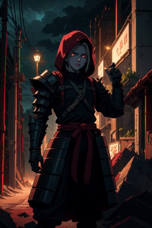 Create an image of a mechanized warlock in a dystopian city. The figure is clad in dark robes with a hood, glowing red eyes, and intricate armor that fuses technology and arcane symbols. The environment is dark, lit by the glow of the warlock's armor and the distant city lights. focus on high detail and contrast, with a balance between the fantastical elements and the grounded, realistic textures.,retro,android17,emma sekiro,beatrix amerhauser