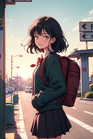 A young girl standing at a bus stop, waiting for the school bus. She is wearing a school uniform and a backpack. She is smiling and looking at the road, expectantly. The bus stop is located in a quiet neighborhood, and there are a few other students waiting for the bus as well. The sun is shining and the air is crisp.