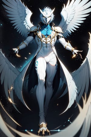 A majestic and heroic man wearing a sleek white and blue owl suit, with large and powerful wings outstretched, soaring through the night sky with a determined expression on his face. The owl suit is adorned with silver accents and glowing blue symbols, and the man's eyes shine with wisdom and courage.,