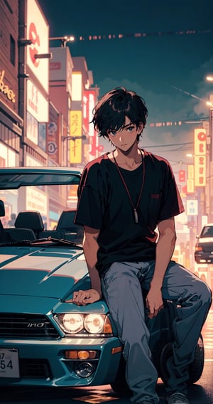 1boy sitting on a car, night city,epic photo