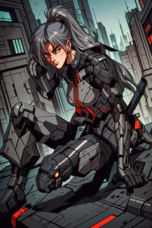 ((90s style)) Create an image of a 1girl  sleek ((GRAY hair)), advanced mechanical joints, designed as a futuristic defender. Show him in a dynamic pose, ready to protect a high-tech cityscape against imminent threats, utilizing his enhanced abilities,90s style,retro,,1990s (style),90s