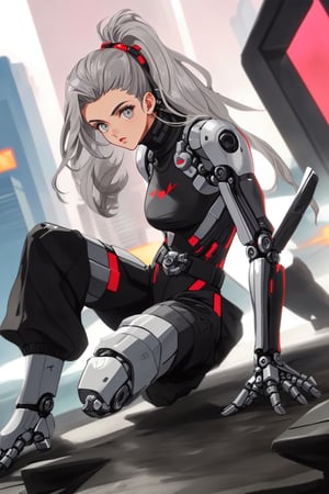 ((90s style)) Create an image of a 1girl  sleek ((GRAY hair)), advanced mechanical joints, designed as a futuristic defender. Show him in a dynamic pose, ready to protect a high-tech cityscape against imminent threats, utilizing his enhanced abilities,90s style,retro,,1990s (style),90s,retro 90