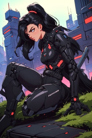 ((90s style)) Create an image of a 1girl  sleek ((black hair)), advanced mechanical joints, designed as a futuristic defender. Show him in a dynamic pose, ready to protect a high-tech cityscape against imminent threats, utilizing his enhanced abilities,90s style,retro,,1990s (style),90s