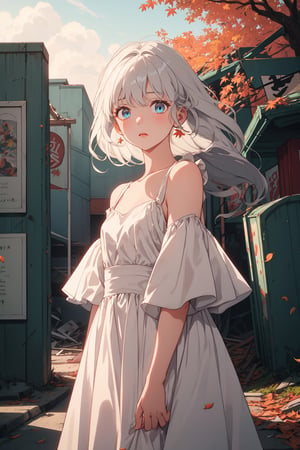 A young girl standing in the middle of a dark and abandoned amusement park. She is wearing a white dress and her hair is flowing in the wind. Her eyes are wide and her expression is terrified. The amusement park is filled with broken rides and abandoned buildings. The only sound is the creaking of the wind and the occasional rustle of leaves.