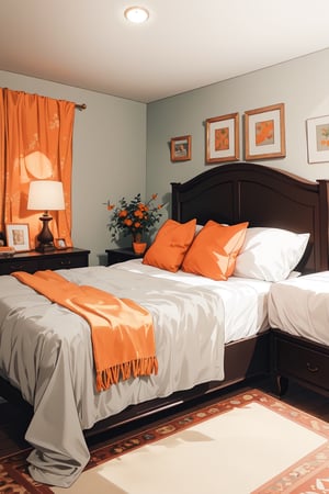 A bright and airy bedroom with a gray and orange color scheme. The walls are painted light gray, and the furniture is a mix of gray and orange. The bed has a gray upholstered headboard and an orange duvet cover. The nightstands are gray with orange drawer pulls. The dresser is orange with gray knobs. The rug is gray and orange geometric pattern. The room is decorated with orange throw pillows, a gray lamp, and orange wall art. The overall atmosphere of the bedroom is one of modern style, comfort, and warmth.