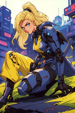 ((90s style)) Create an image of a 1girl  sleek ((blonde hair)), advanced mechanical joints, designed as a futuristic defender. Show him in a dynamic pose, ready to protect a high-tech cityscape against imminent threats, utilizing his enhanced abilities,90s style,retro,,1990s (style),90s