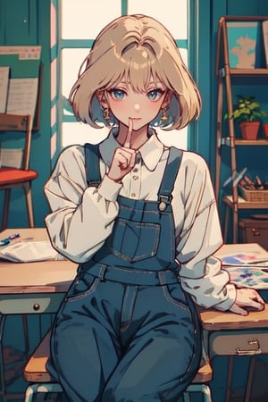 anime girl in overalls sitting at a desk with her fingers crossed, anime style, anime, ghibli, by Krenz Cushart, Yoneyama Mai, painting by Mucha, Violet evergarden,pixel art