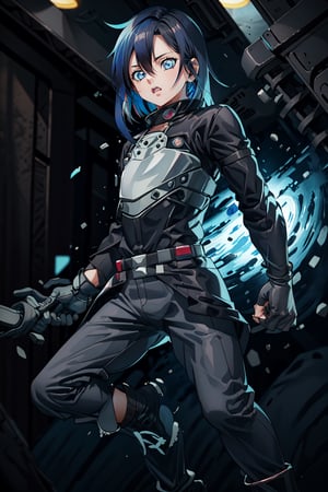 android 17, short hair, ((blue hair:1.4)), blue eyes , metal arms, perfect body,retro,1girl,futubot ,kirito_ggo,Hair over eyes