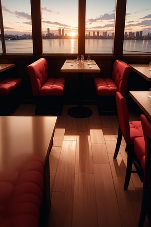 A restaurant on the waterfront at sunset. The restaurant is modern and stylish, with floor-to-ceiling windows that offer stunning views of the water and the city skyline. The tables are set with white linen and crystal glasses, and the air is filled with the delicious aroma of food. The restaurant is bustling with activity, but the atmosphere is relaxed and inviting.