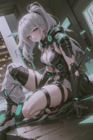 ((90s style)) Create an image of a 1girl  sleek ((GRAY hair)), advanced mechanical joints, designed as a futuristic defender. Show him in a dynamic pose, ready to protect a high-tech cityscape against imminent threats, utilizing his enhanced abilities,90s style,retro,,1990s (style),90s,green theme