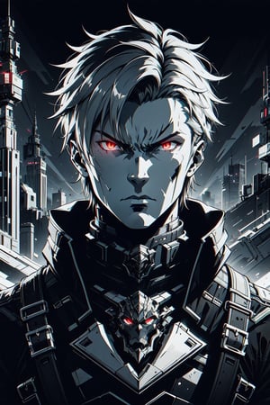 angry expression , dark theme, high contrast ,1boy  , glothes, man cosplay , blue aura, red eyes, blue glowing hair,Detailedface, futuristic city, air ship,retro