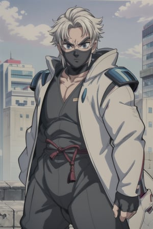 Create an image of a ((Ninja guy)) with sleek, designed as a futuristic defender. Show him in a dynamic pose, ready to protect a high-tech cityscape against imminent threats, utilizing his enhanced abilities,retro