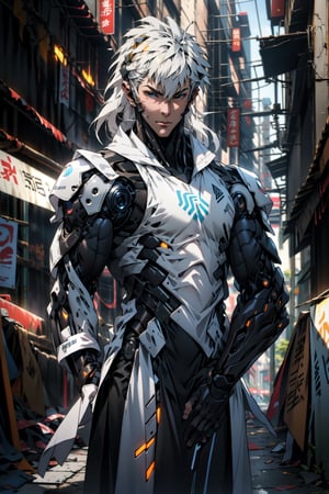 mastepice quality , ultra detaild , a close up of person with futuristic orange armor , long white hair ,futuristic ship, alien shiny aura orange,urban techwear,Circle,futureaodai,GENOS