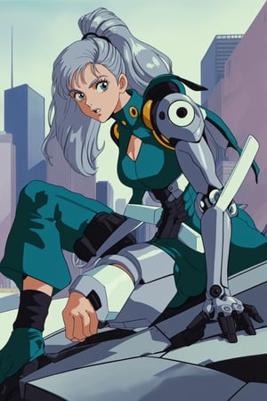 ((90s style)) Create an image of a 1girl  sleek ((GRAY hair)), advanced mechanical joints, designed as a futuristic defender. Show him in a dynamic pose, ready to protect a high-tech cityscape against imminent threats, utilizing his enhanced abilities,90s style,retro,,1990s (style),90s,green theme
