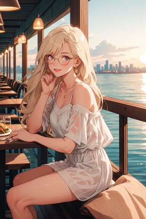 A young woman sitting at a table at a restaurant on the waterfront at sunset. She is wearing a sundress and her hair is blowing in the breeze. She is smiling and looking out at the water, enjoying the view. The restaurant is modern and stylish, with floor-to-ceiling windows that offer stunning views of the water and the city skyline. The tables are set with white linen and crystal glasses, and the air is filled with the delicious aroma of food. The restaurant is bustling with activity, but the atmosphere is relaxed and inviting. 